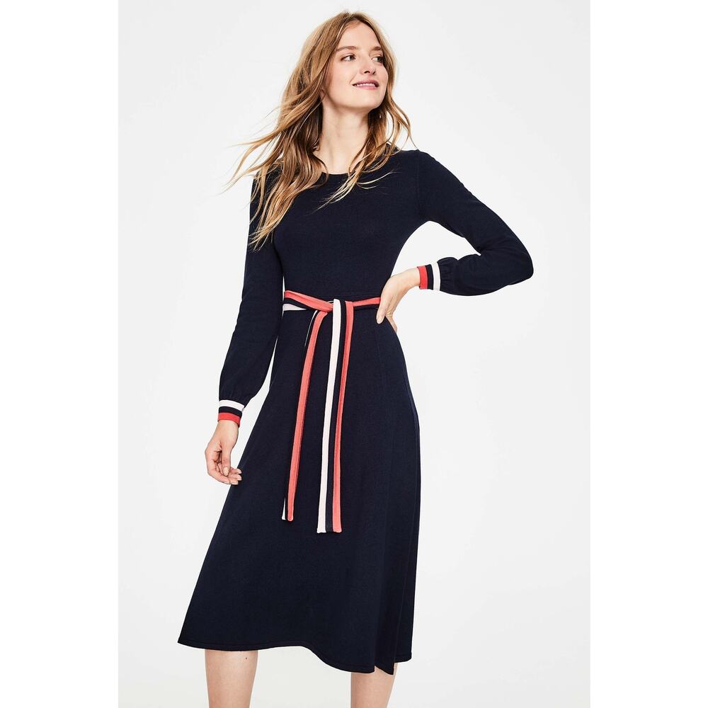 Boden Navy Knit Midi Dress with Red and White Stripe Belt - Picture 2 of 10